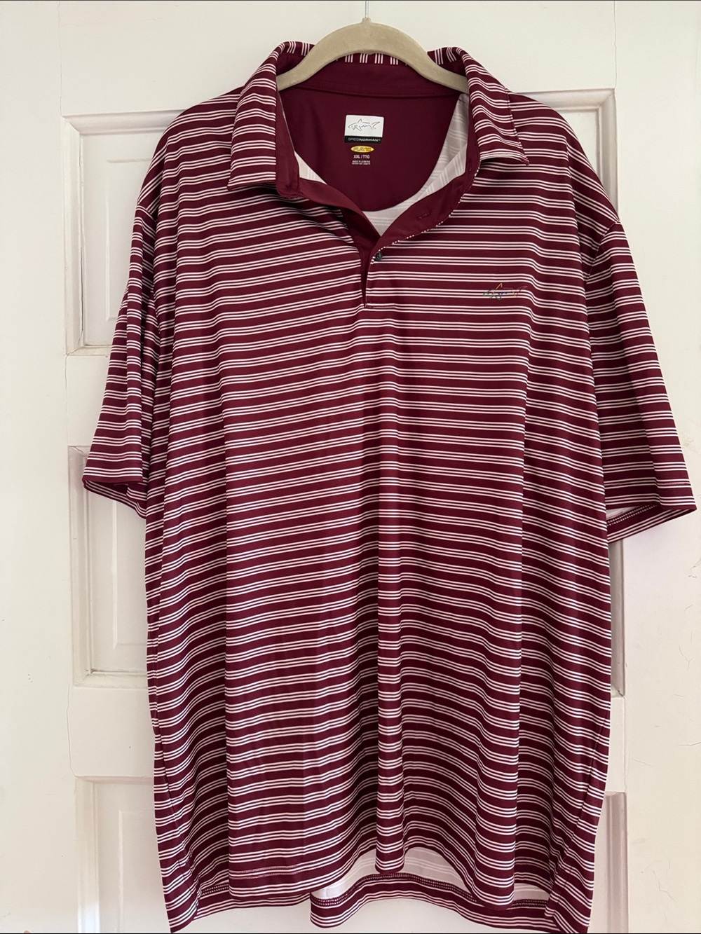 Greg Norman Collection Maroon and White Striped Performance Polo